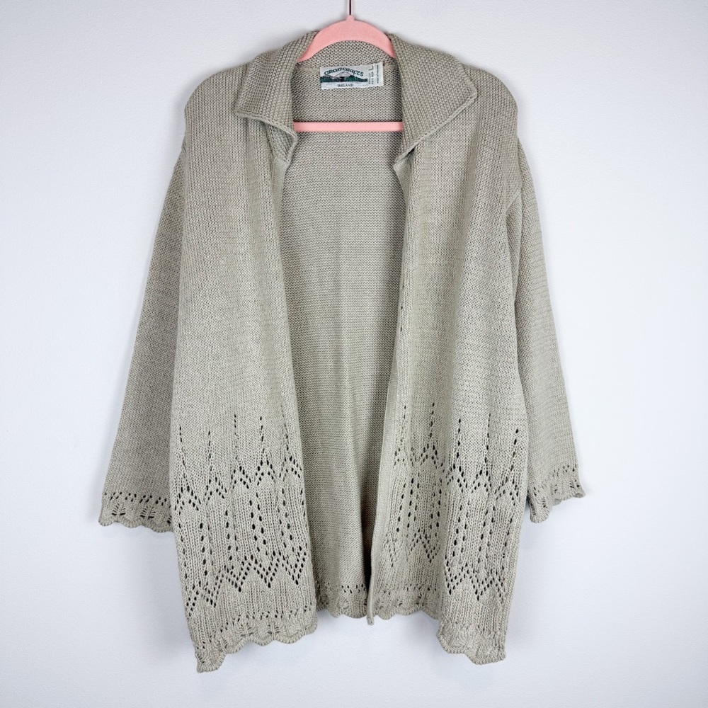 Aran Crafts Ireland Beige Open‎ Front Scalloped Knit Cardigan Size Large